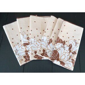 6 Vintage Cotton Floral Napkins Tan White Brown Flowers